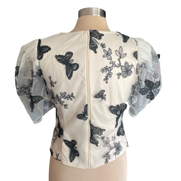 Story On Beige Tulle Satin Butterfly Applique Puff Sleeve Top LG Fairy Cottage - Picture 4 of 9